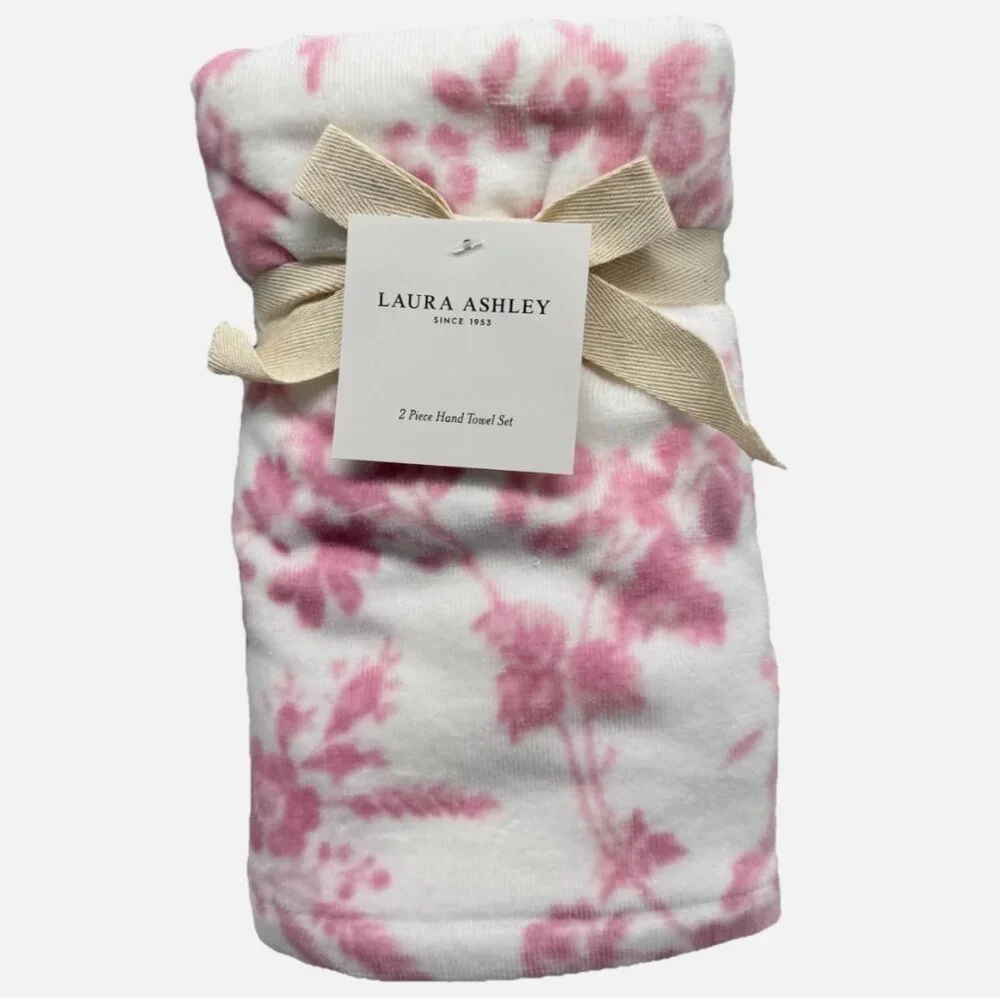 4pc Laura Ashley Pink Toile Floral Velour Bath Hand Towel Set Flowers NEW